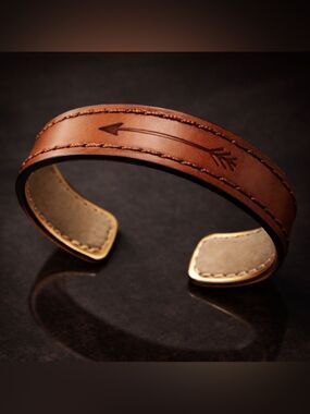 Handmade Leather Cuff Bracelet Arrow Design Brown Adjustable